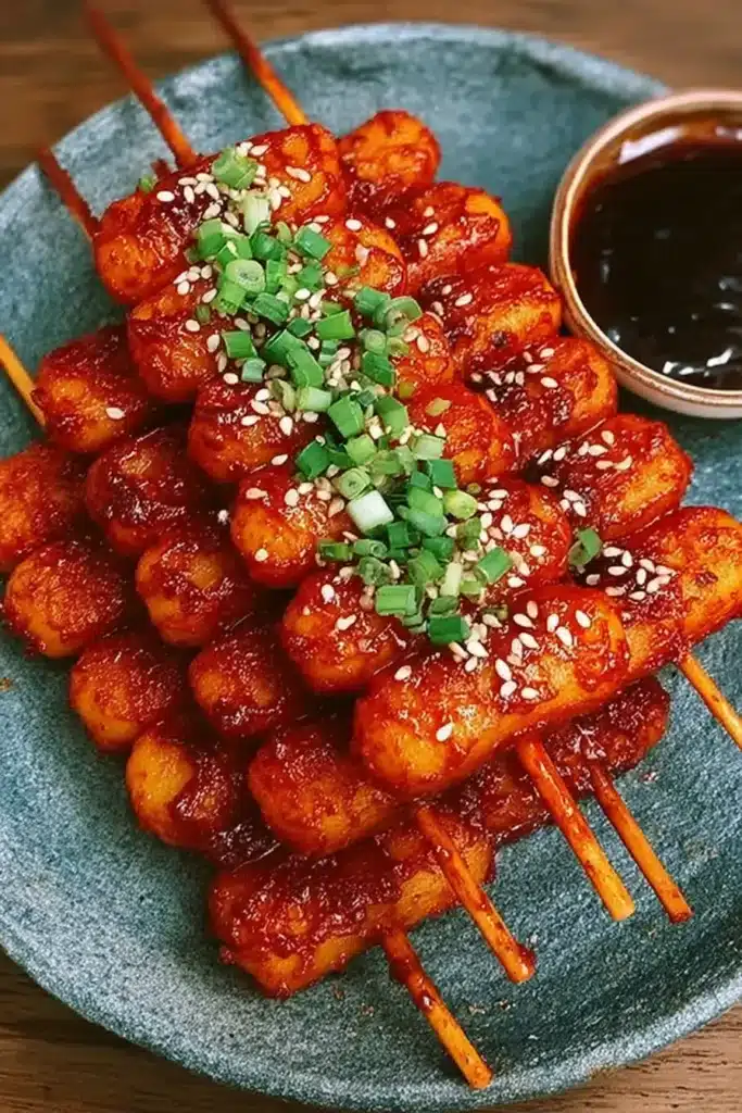 Korean spicy rice cake skewers served on a plate with gochujang glaze, sesame seeds, green onions, and dipping sauce