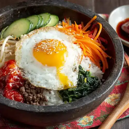 Easy Bibimbap with Ground Beef topped with a sunny-side-up egg, assorted vegetables, rice, and gochujang sauce served on the side