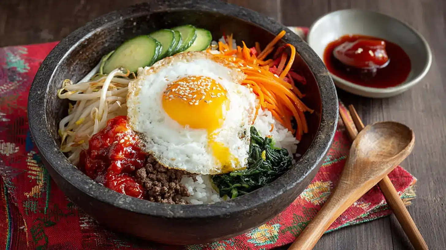 Easy Bibimbap with Ground Beef topped with a sunny-side-up egg, assorted vegetables, rice, and gochujang sauce served on the side