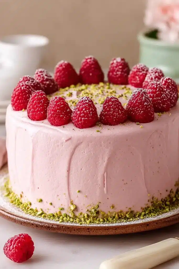 Raspberry Pistachio Cake frosted in pale pink buttercream topped with fresh raspberries and chopped pistachios on a cake stand