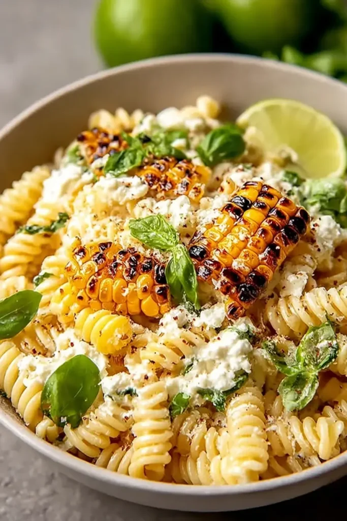 Healthy Street Corn Pasta Salad with rotini pasta, charred corn rounds, crumbled cheese, fresh basil, and a lime wedge in a light bowl