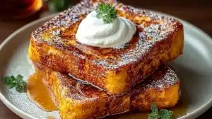 Fall Pumpkin French Toast stacked on a plate with powdered sugar, whipped cream, and warm syrup pooling around the toast