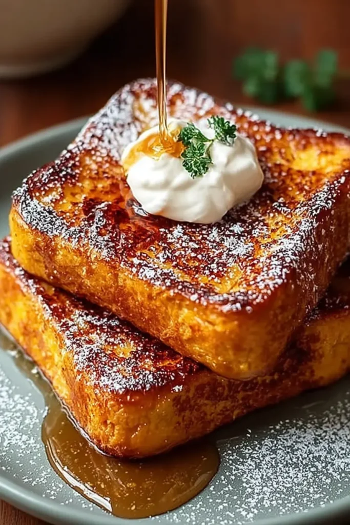 Fall Pumpkin French Toast close-up with syrup pouring over whipped cream, showing crisp edges, pumpkin color, and powdered sugar finish
