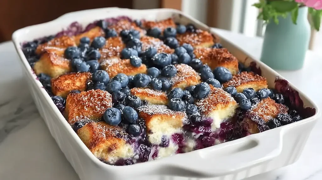 Baked Overnight Blueberry French Toast Casserole with blueberries scattered over a crisp golden top in a white casserole dish