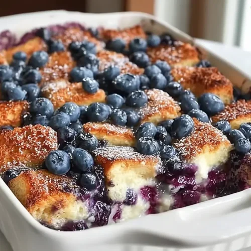 Baked Overnight Blueberry French Toast Casserole with blueberries scattered over a crisp golden top in a white casserole dish
