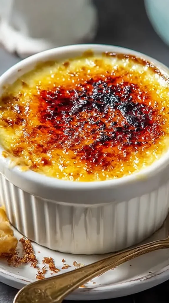 Close-up of savory crab brulee recipe in a white ramekin with a deeply caramelized golden-brown crust on top.
