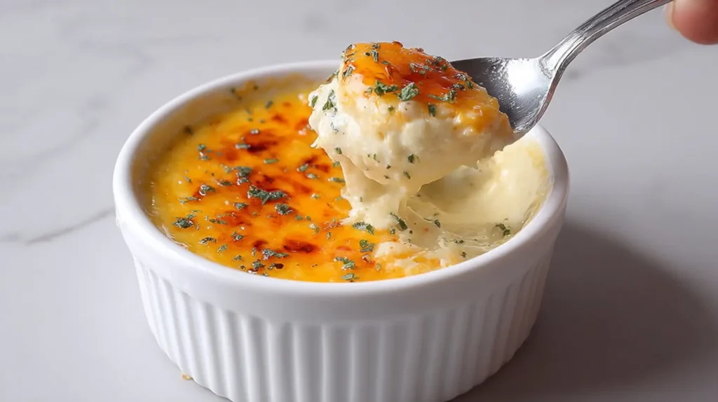 Savory crab brulee recipe in a white ramekin with a spoon lifting a piece of caramelized, creamy custard.
