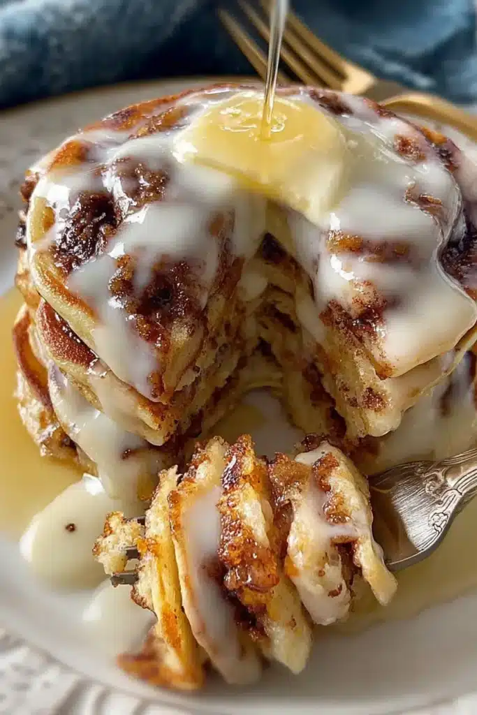 Cinnamon Roll Pancakes: Easy, Fluffy & Wonderful 4 Cinnamon Roll Pancakes topped with melting butter and warm syrup pouring over the cinnamon swirls
