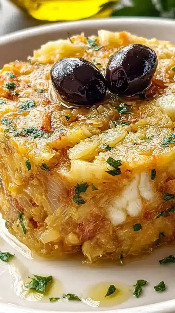 Close-up of a molded Bacalhau à Brás recipe topped with two black olives and chopped parsley on a white plate.
