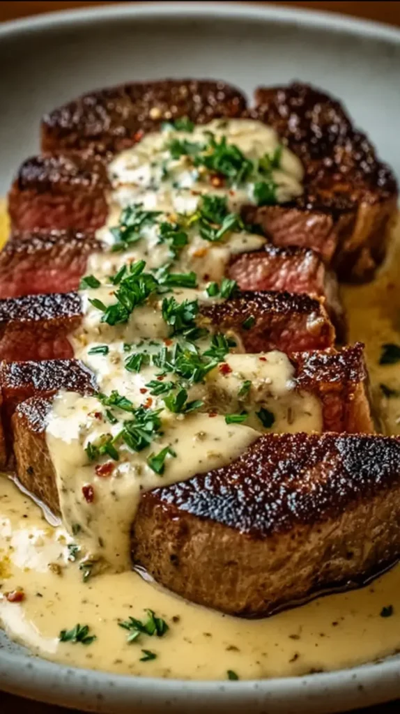 Juicy Steak with Creamy Garlic Sauce with thick garlic butter cream sauce poured over sliced steak and finished with chopped parsley and pepper flakes