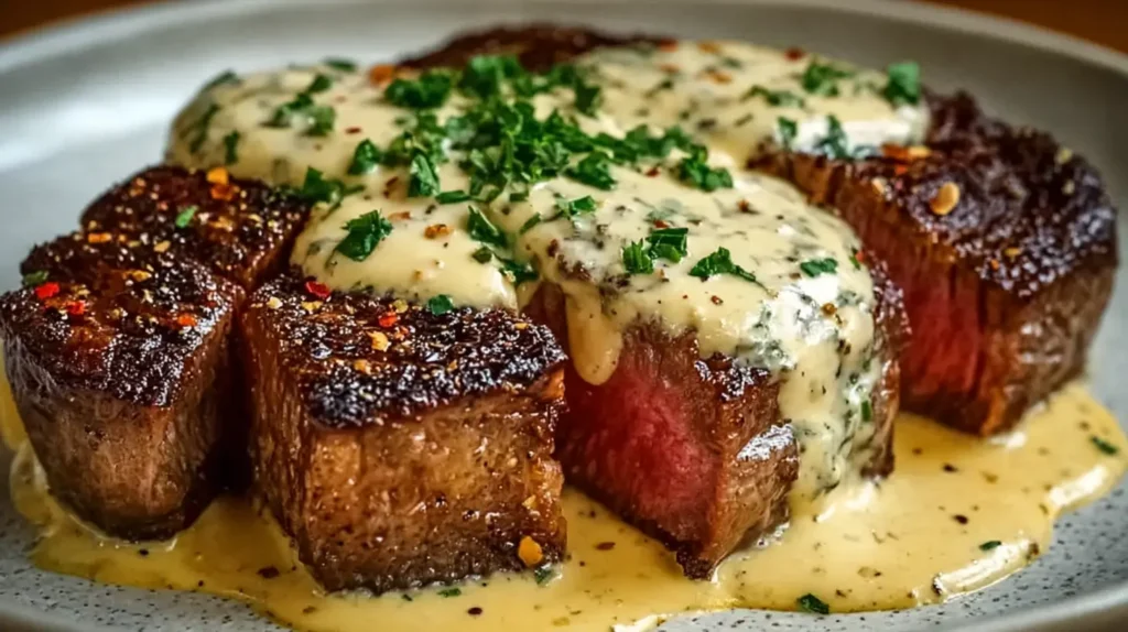 Juicy Steak with Creamy Garlic Sauce served with seared steak bites, a rich garlic cream sauce, and fresh parsley on a gray plate