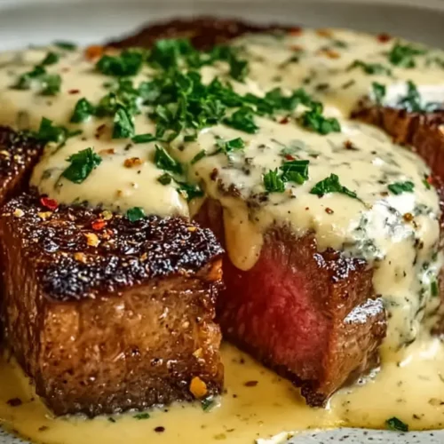 Juicy Steak with Creamy Garlic Sauce served with seared steak bites, a rich garlic cream sauce, and fresh parsley on a gray plate
