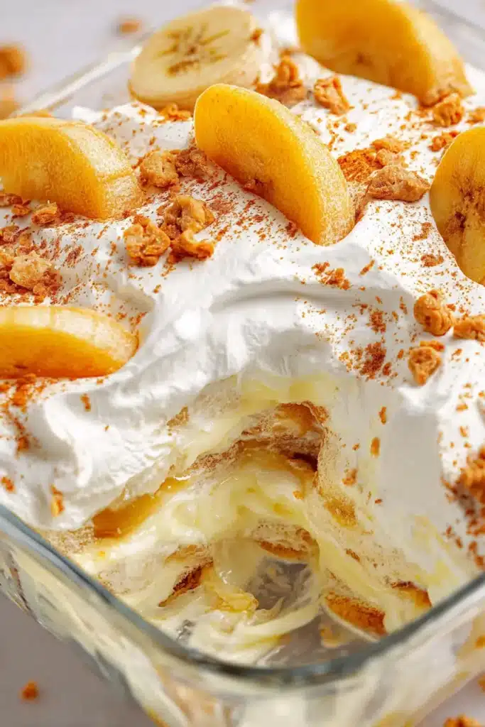 Easy banana pudding close-up showing creamy pudding layers, vanilla wafers, and banana slices
