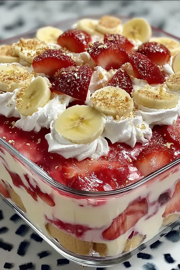 Strawberry Banana Pudding Dream topped with whipped cream swirls, sliced bananas, fresh strawberries, and a sprinkle of cookie crumbs