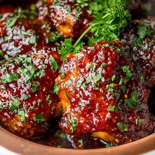 Bowl of slow cooker Korean BBQ chicken thighs covered in sticky garlic-chili sauce and sprinkled with fresh herbs