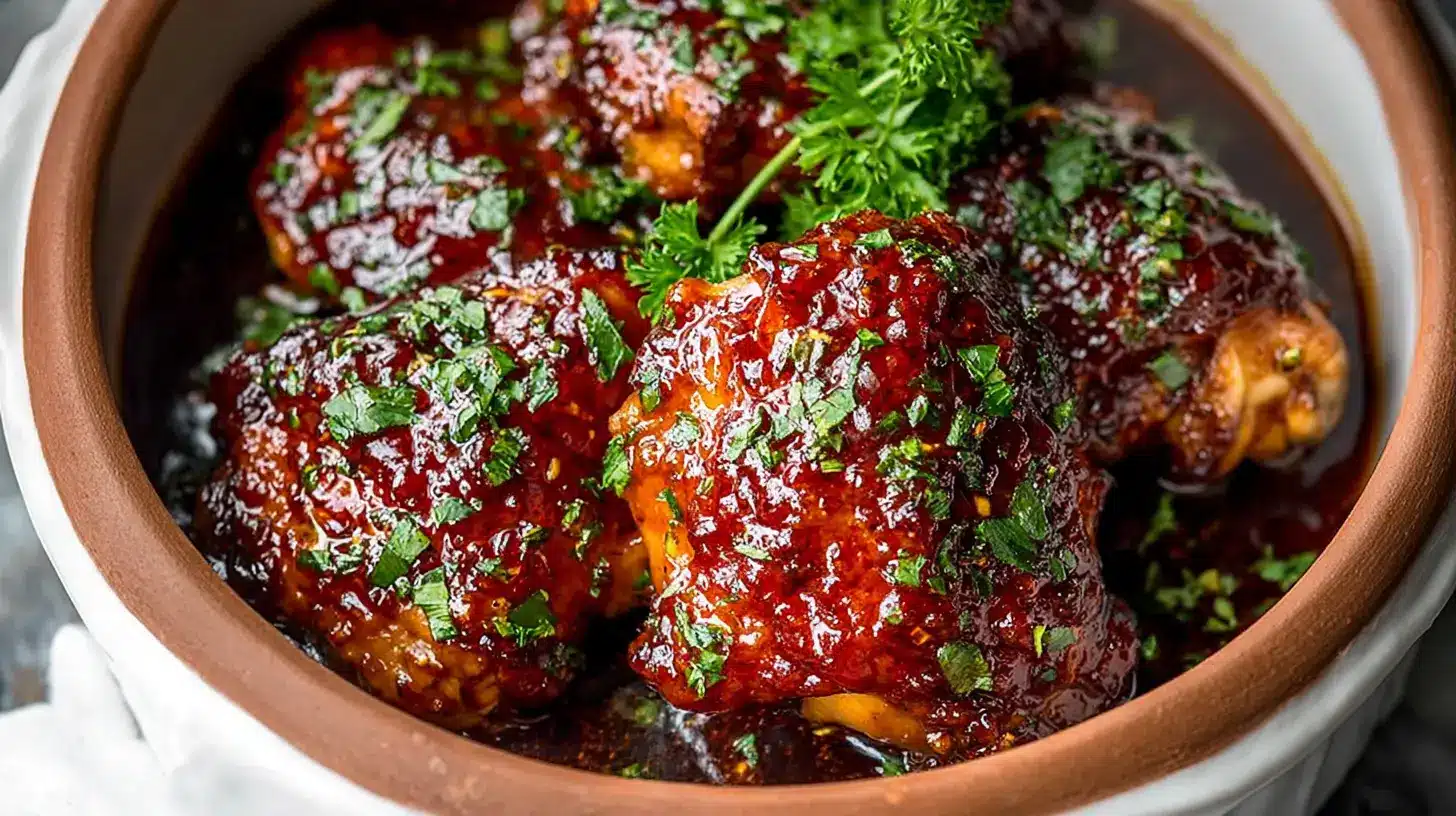 Bowl of slow cooker Korean BBQ chicken thighs covered in sticky garlic-chili sauce and sprinkled with fresh herbs