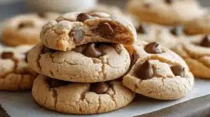 Plate of protein Greek yogurt cookies topped with chocolate chips, one cookie broken open to show the soft center.