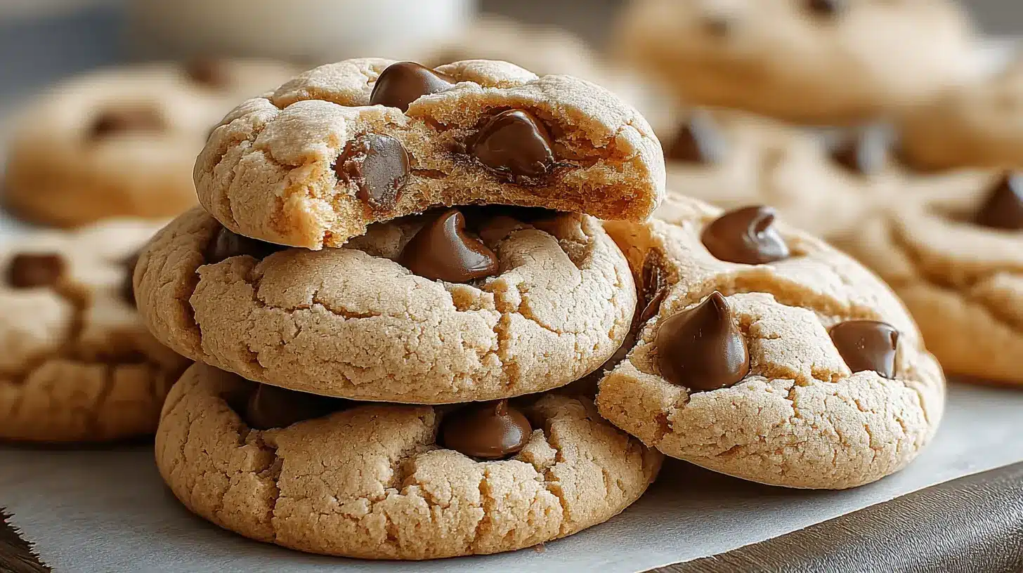 Plate of protein Greek yogurt cookies topped with chocolate chips, one cookie broken open to show the soft center.