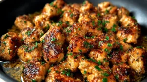 Garlic Butter Chicken Bites: Amazing, Irresistible One-Pan Garlic Butter Chicken Bites browned in a skillet with glossy garlic butter sauce and chopped parsley