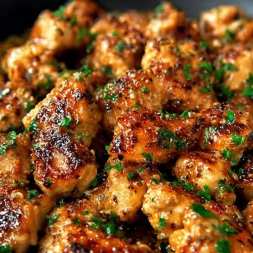 Garlic Butter Chicken Bites browned in a skillet with glossy garlic butter sauce and chopped parsley