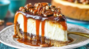 Turtle Cheesecake slice topped with caramel sauce, chocolate ganache, and toasted pecans on a plate