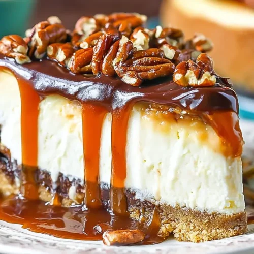 Turtle Cheesecake: Easy, Irresistible Layers with Crunch 2 Turtle Cheesecake slice topped with caramel sauce, chocolate ganache, and toasted pecans on a plate