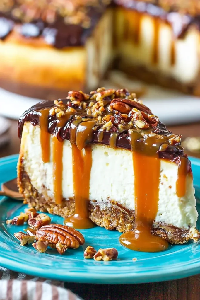 Turtle Cheesecake: Easy, Irresistible Layers with Crunch 4 Turtle Cheesecake with caramel sauce dripping over a creamy cheesecake slice topped with pecans and chocolate