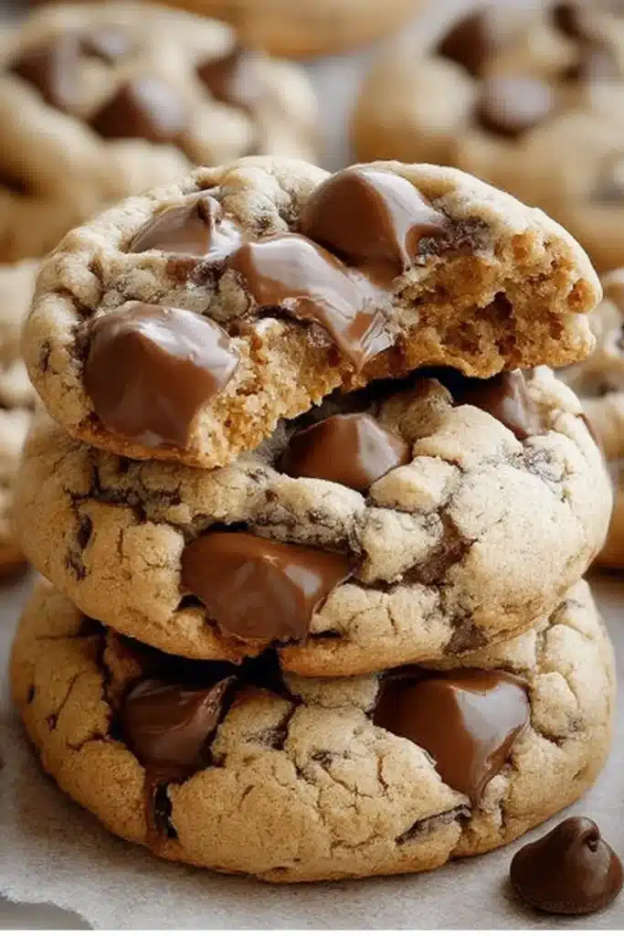 Stack of protein Greek yogurt chocolate chip cookies with melted chocolate chips on top.