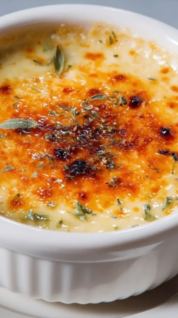 Savory crab brulee recipe in a white ramekin with a caramelized top sprinkled with fresh green herbs.