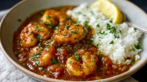 shrimp creole served with white rice, cooked in a rich tomato sauce with herbs and lemon