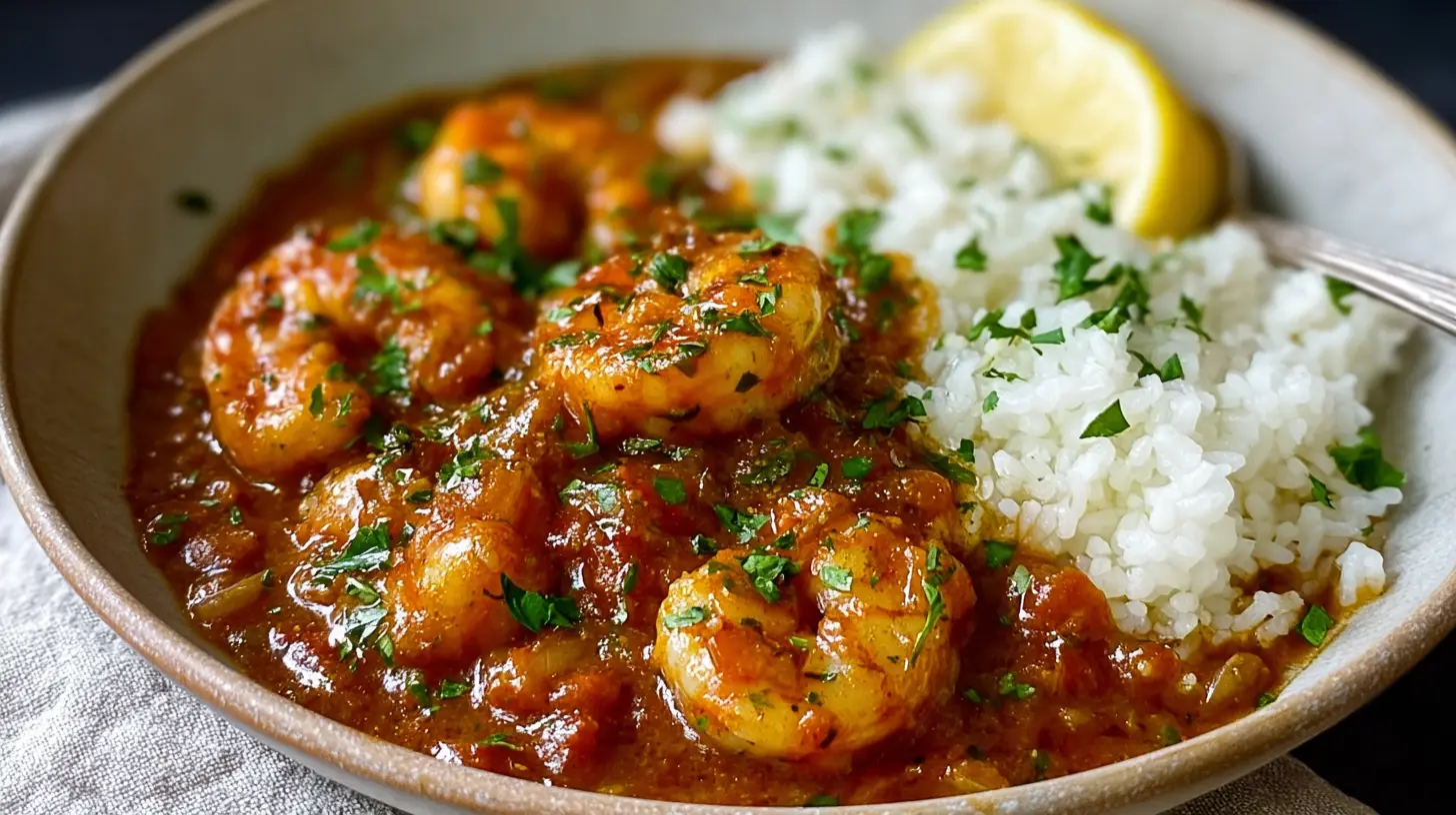 shrimp creole served with white rice, cooked in a rich tomato sauce with herbs and lemon