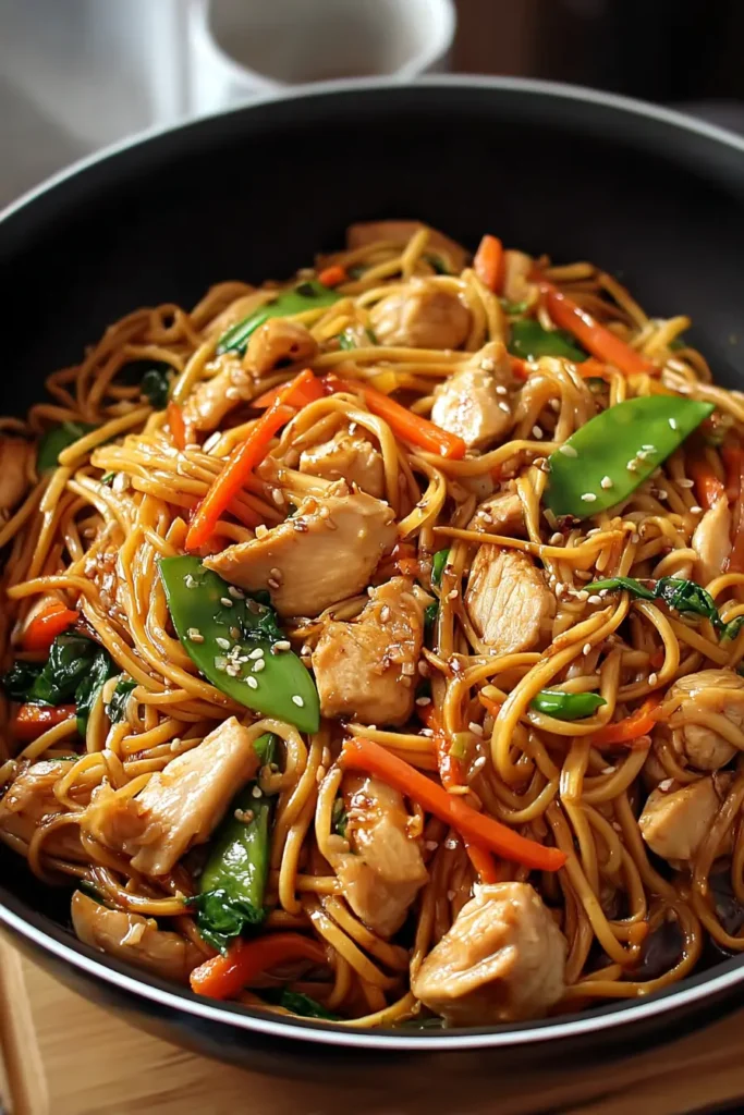 Easy Chicken Lo Mein recipe noodles in a black wok with chicken, carrots, and snow peas tossed in glossy sauce.