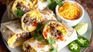Breakfast Burritos served on a plate with scrambled eggs, sausage, peppers, shredded cheese, lime wedges, and jalapeño slices
