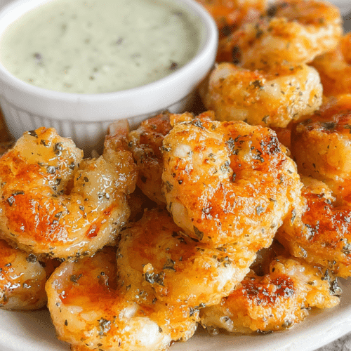 Large platter of crispy gluten free shrimp arranged around a ramekin of creamy dipping sauce, perfect for gluten free shrimp recipes appetizers.