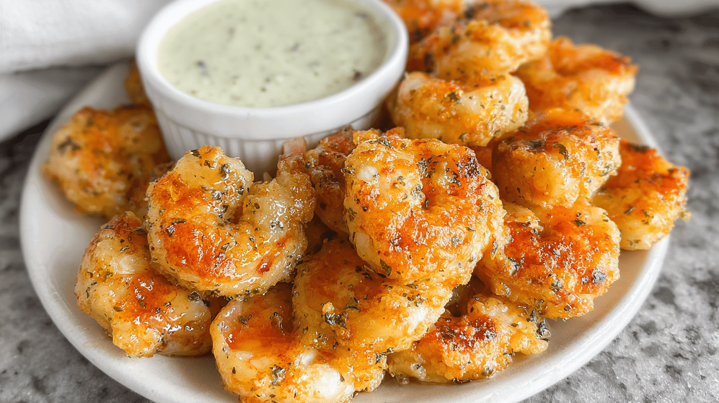 Large platter of crispy gluten free shrimp arranged around a ramekin of creamy dipping sauce, perfect for gluten free shrimp recipes appetizers.