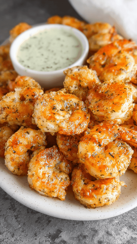 Crispy golden shrimp arranged around a creamy herb dip on a white plate, showcasing one of the best gluten free shrimp recipes for parties.