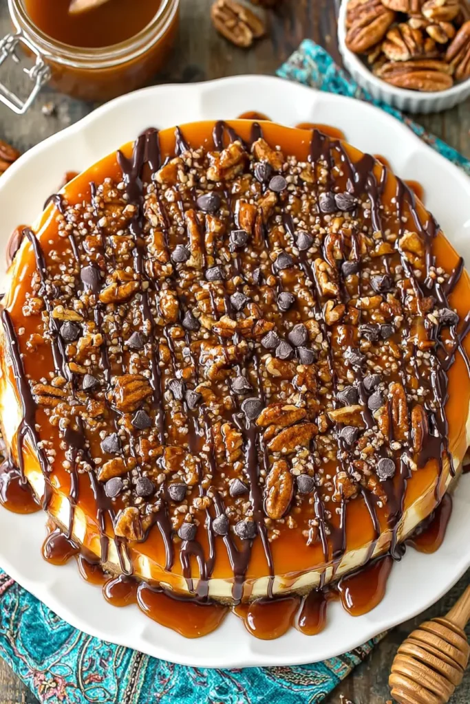 Turtle Cheesecake: Easy, Irresistible Layers with Crunch 3 Turtle Cheesecake topped with caramel sauce, chocolate drizzle, chopped pecans, and chocolate chips on a white plate