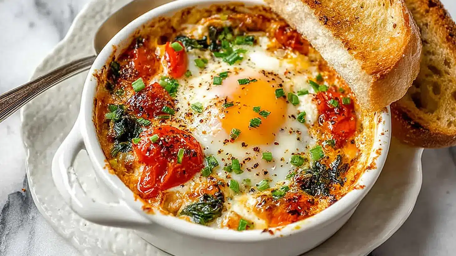 Close-up of a single ramekin filled with Mediterranean baked feta egg topped with cherry tomatoes, herbs, and a sunny egg yolk, served with toasted bread.