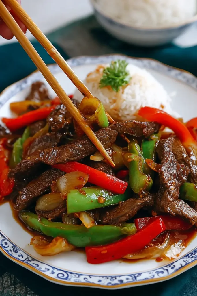 Chinese pepper steak stir-fried with sliced beef, green and red bell peppers, onions, and savory brown sauce served with rice