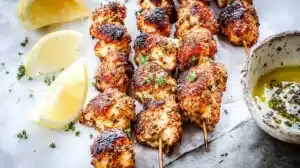 Long row of grilled chicken spiedini skewers on parchment with lemon wedges and a bowl of herb-infused olive oil.