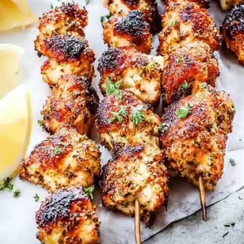 Long row of grilled chicken spiedini skewers on parchment with lemon wedges and a bowl of herb-infused olive oil.