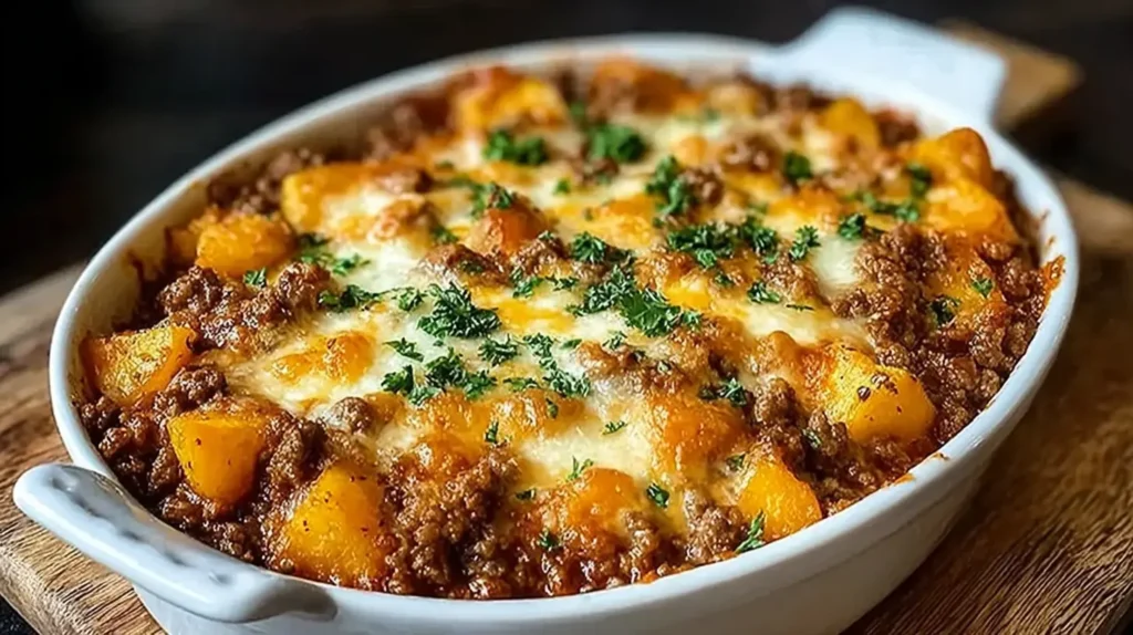 Hobo casserole ground beef recipe in an oval baking dish with chunks of potato, browned beef, melted cheese and parsley.
