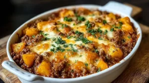 Hobo casserole ground beef recipe in an oval baking dish with chunks of potato, browned beef, melted cheese and parsley.