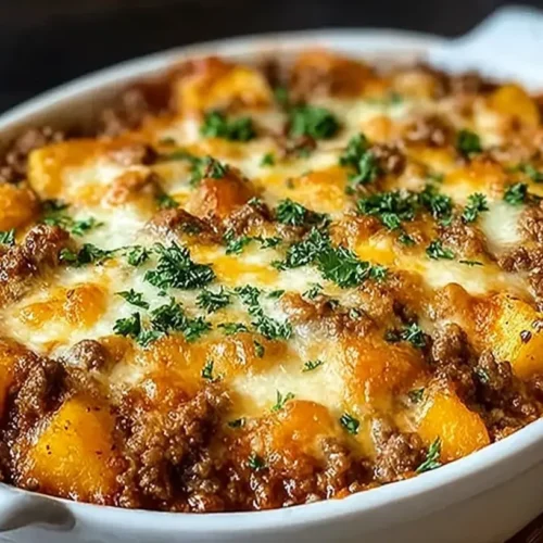 Hobo casserole ground beef recipe in an oval baking dish with chunks of potato, browned beef, melted cheese and parsley.