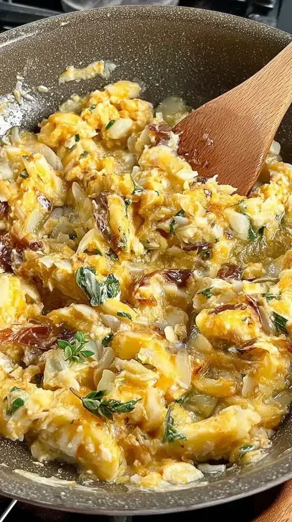 Bacalhau à Brás recipe cooking in a nonstick skillet with shredded cod, egg, potatoes and herbs being stirred with a wooden spoon.