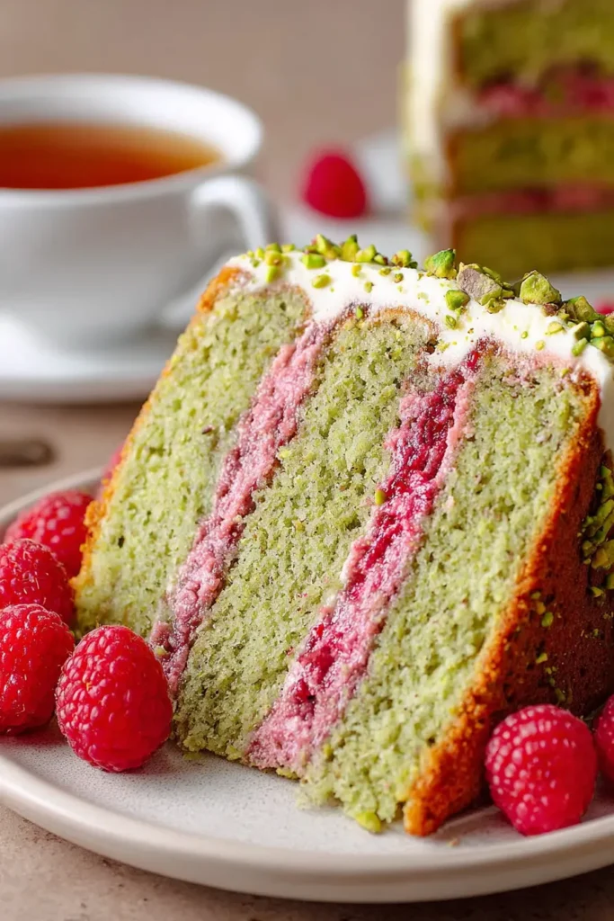 Raspberry Pistachio Cake slice with pistachio sponge layers, raspberry filling, and pistachio topping served with tea