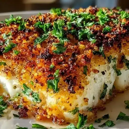 Garlic Parmesan Crusted Halibut served on a plate with a crisp garlic parmesan crust and chopped herbs, showing flaky white fish inside