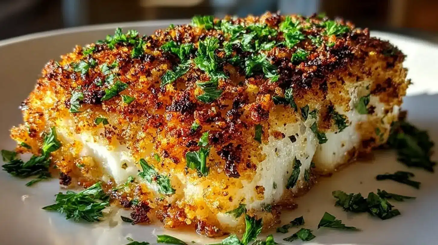 Garlic Parmesan Crusted Halibut served on a plate with a crisp garlic parmesan crust and chopped herbs, showing flaky white fish inside