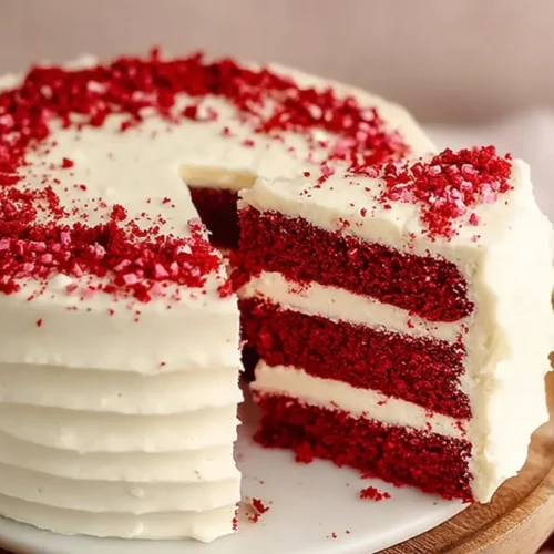 Easy Classic Red Velvet Cake with cream cheese frosting, red velvet crumbs on top, and a slice removed showing layered interior