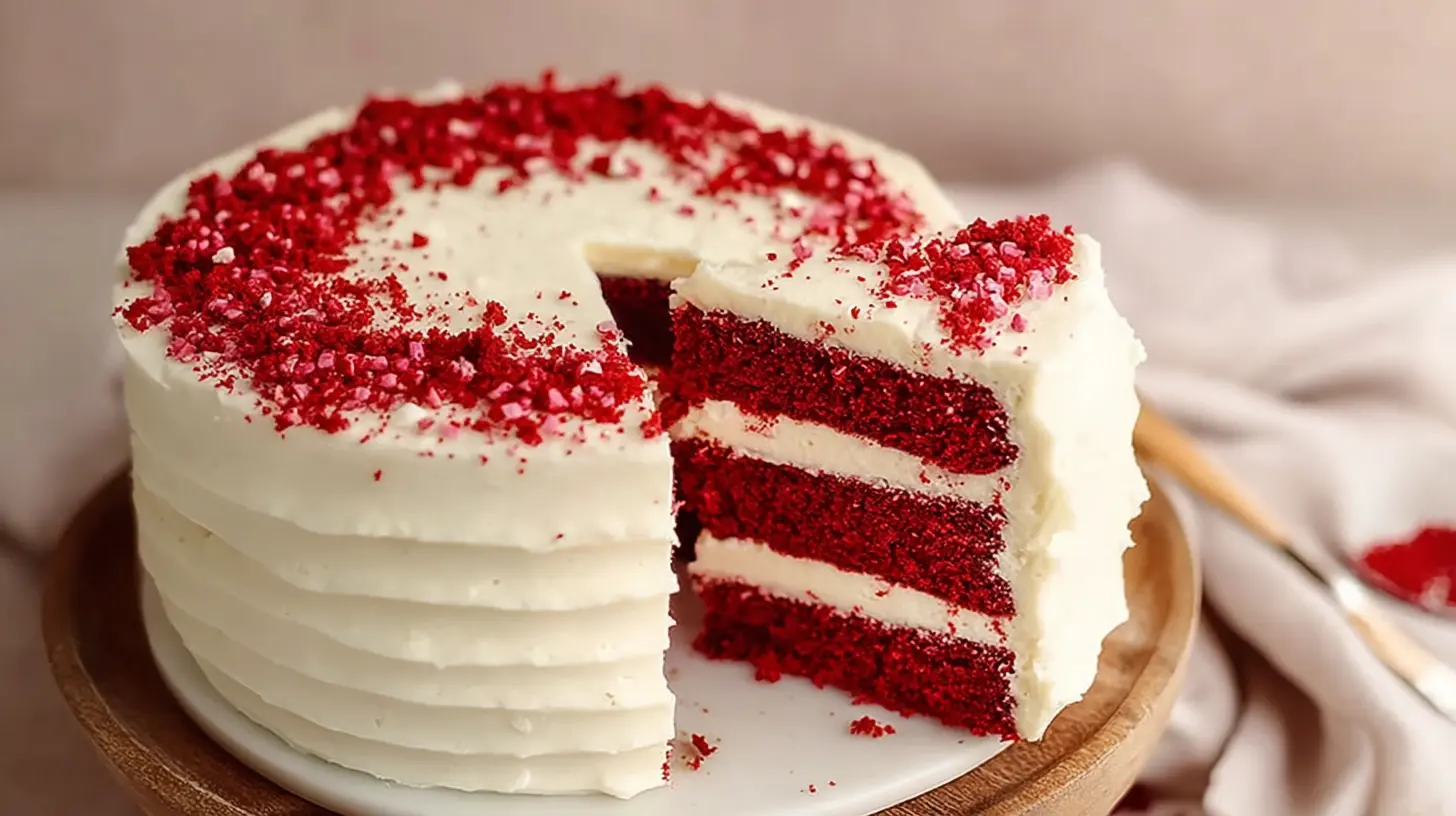 Easy Classic Red Velvet Cake with cream cheese frosting, red velvet crumbs on top, and a slice removed showing layered interior